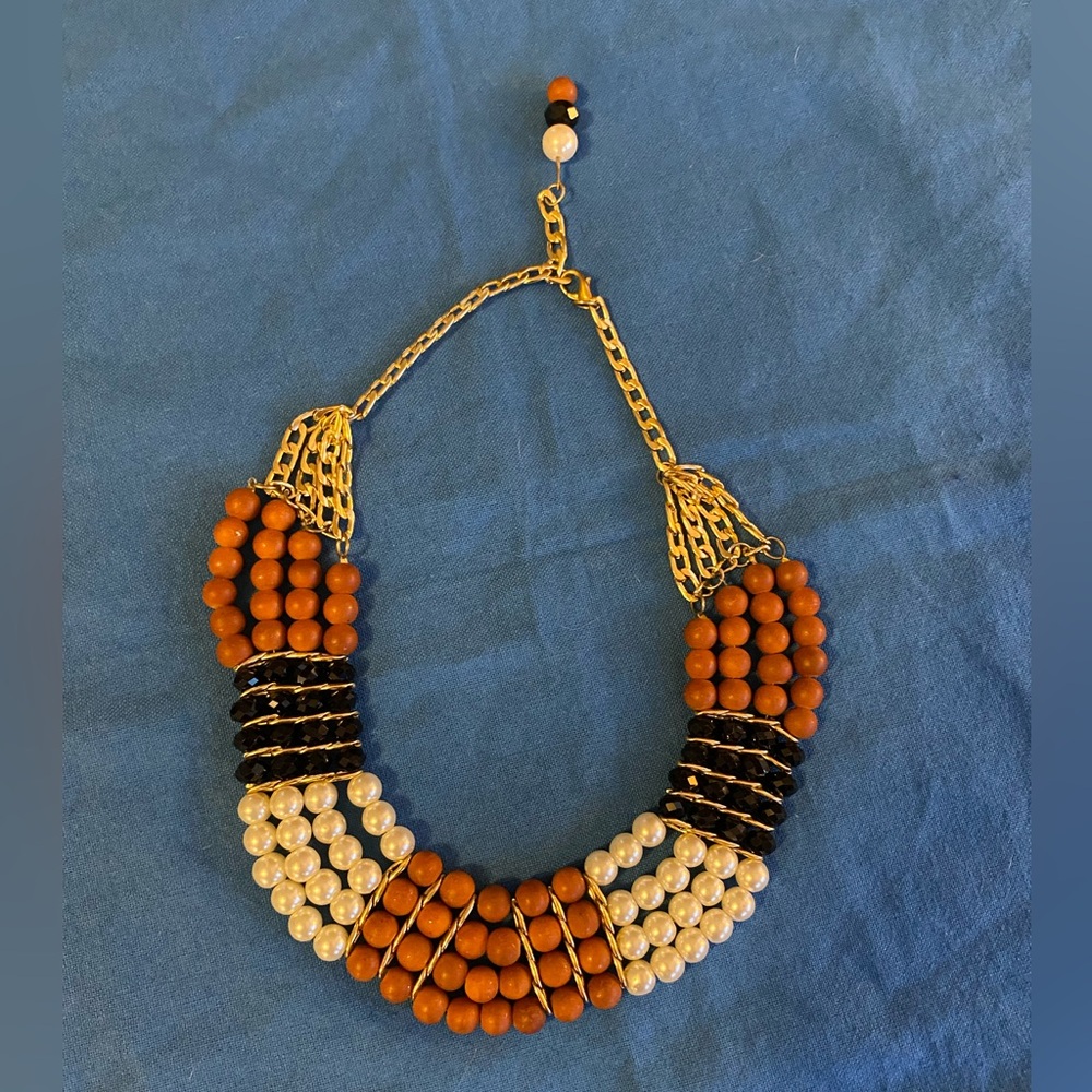 Beautiful, multi strand, pearl, brown, black beads, & gold adjust chain necklace